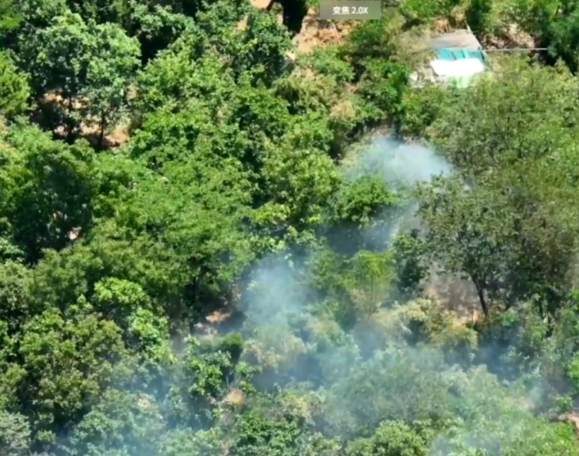 Aerial view of a wooded area with smoke rising