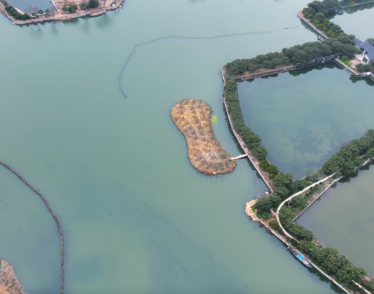 Aerial view of an urban waterway and surrounding landscape