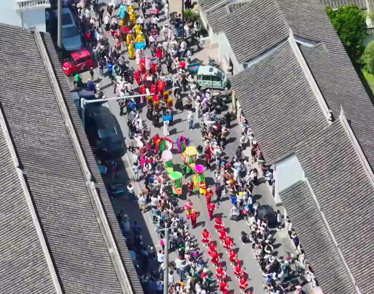 Aerial view of people gathering for a public event