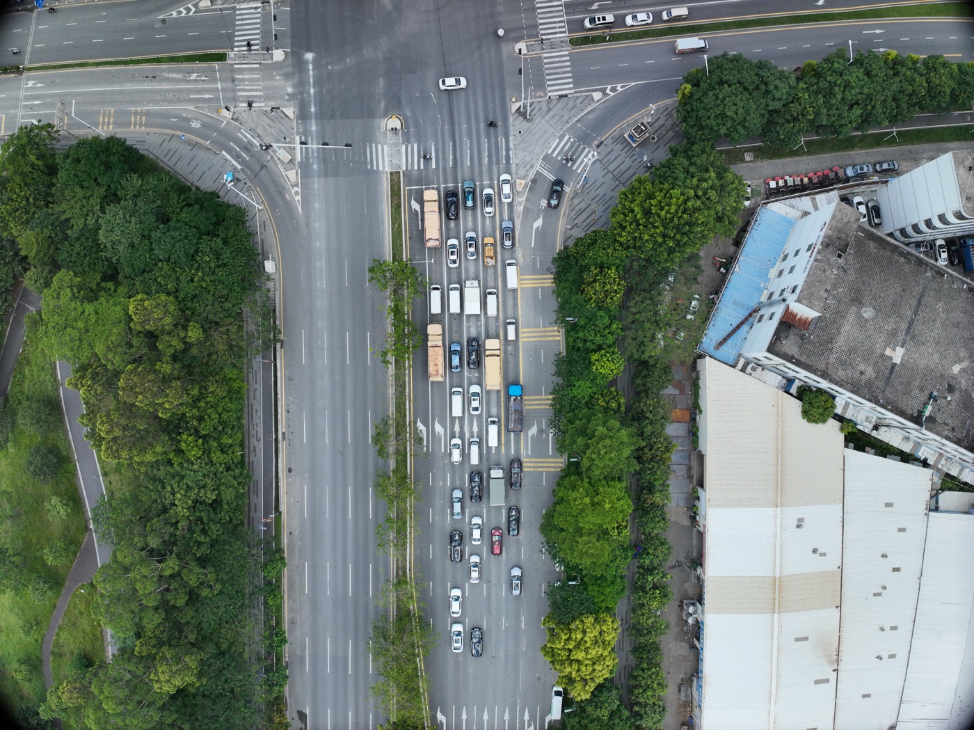 Aerial view of an urban road intersection