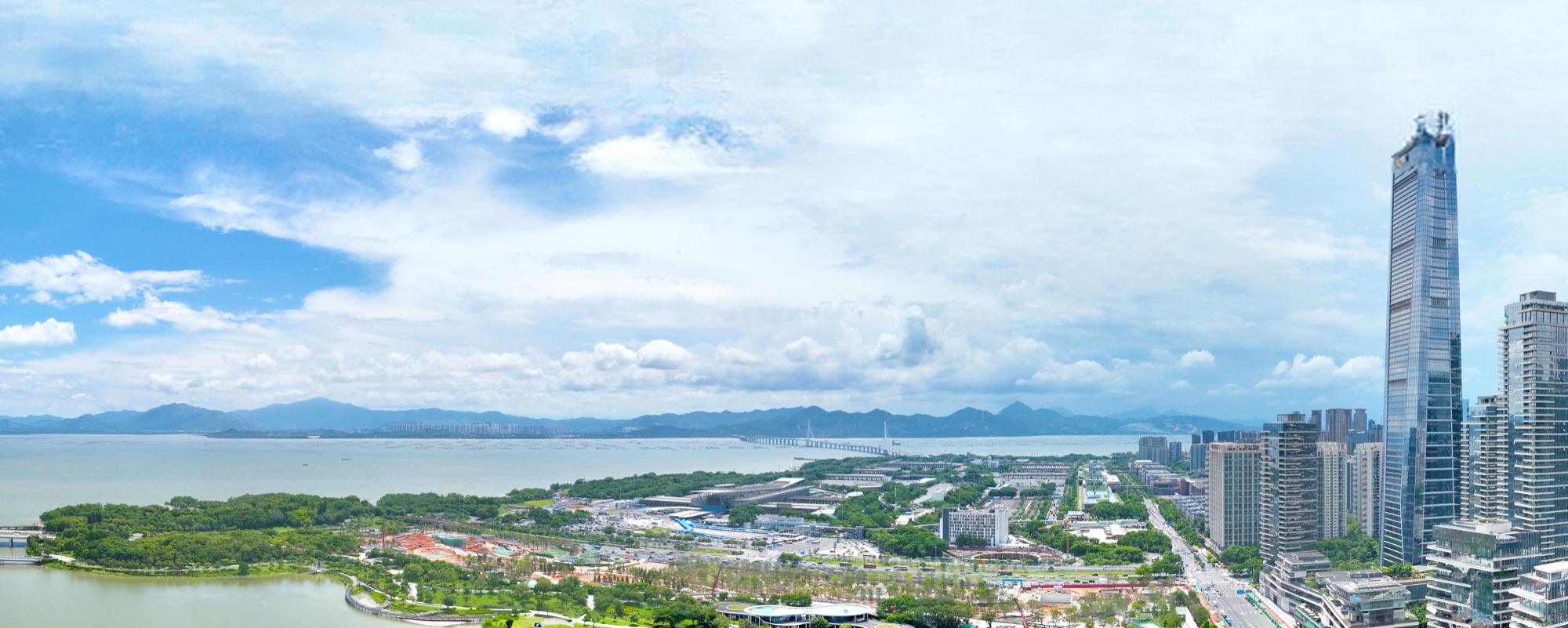 Aerial view of a coastal city and its infrastructure